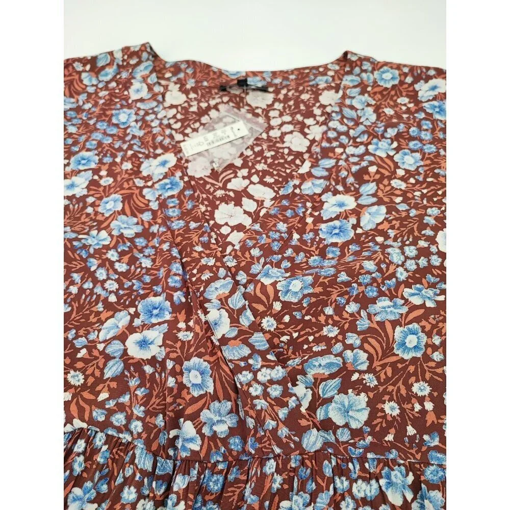 Madewell Woodland Women’s Size M Midi Dress Brown Floral Tiered Long Sleeve